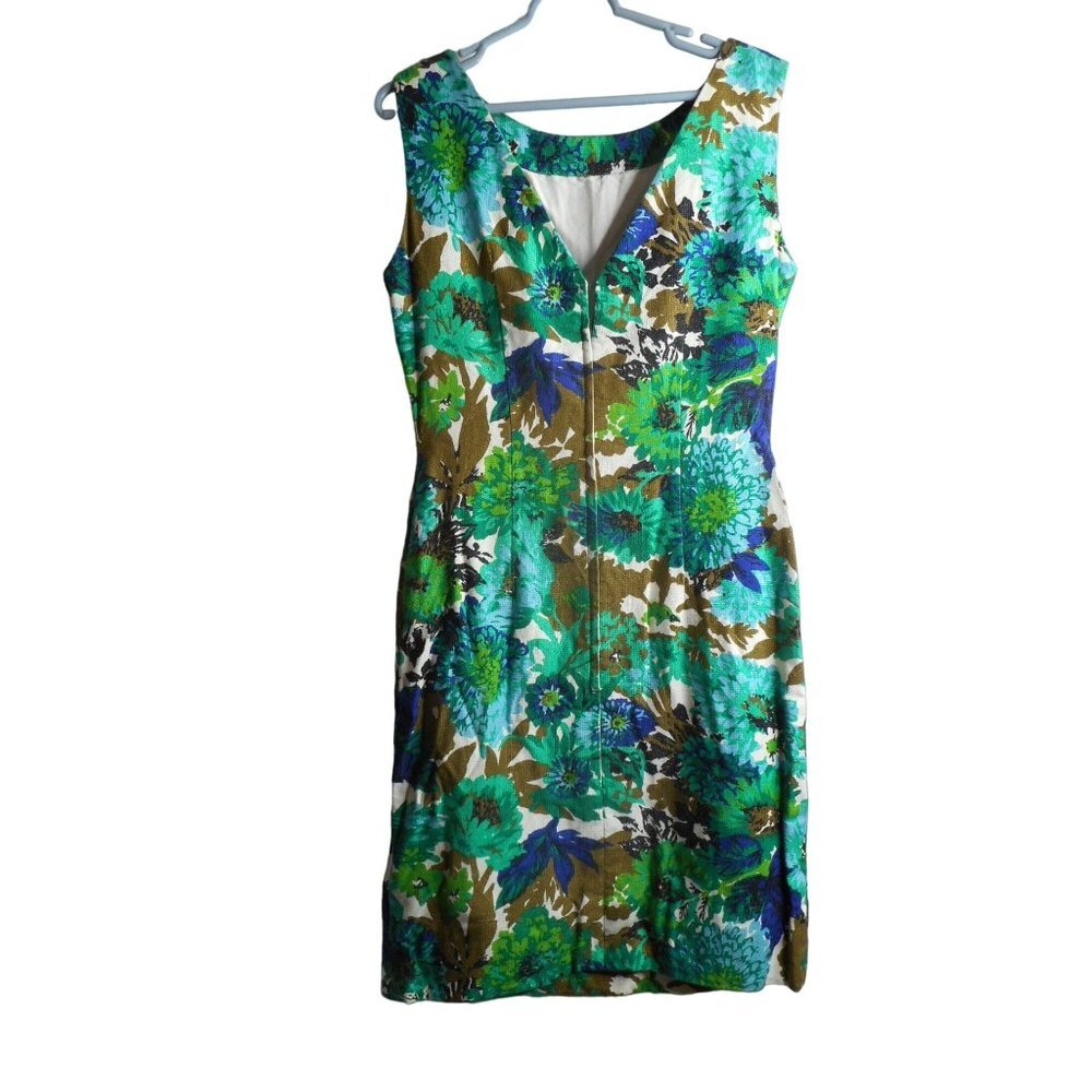 Vintage Floral V Back Handmade Lined Sleeveless Dress 1960s zip back Sz M - Picture 4 of 7